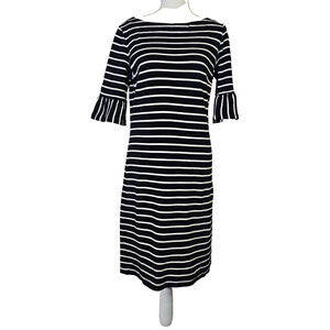 Talbots Women's Shift Short Sleeve Dress Size S Knee Length Stripes Ruffle Navy